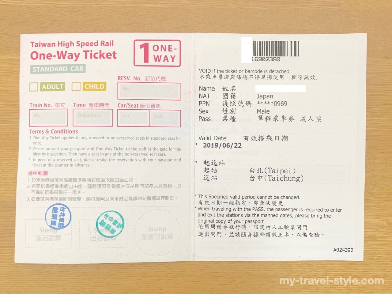 台湾新幹線乗車券