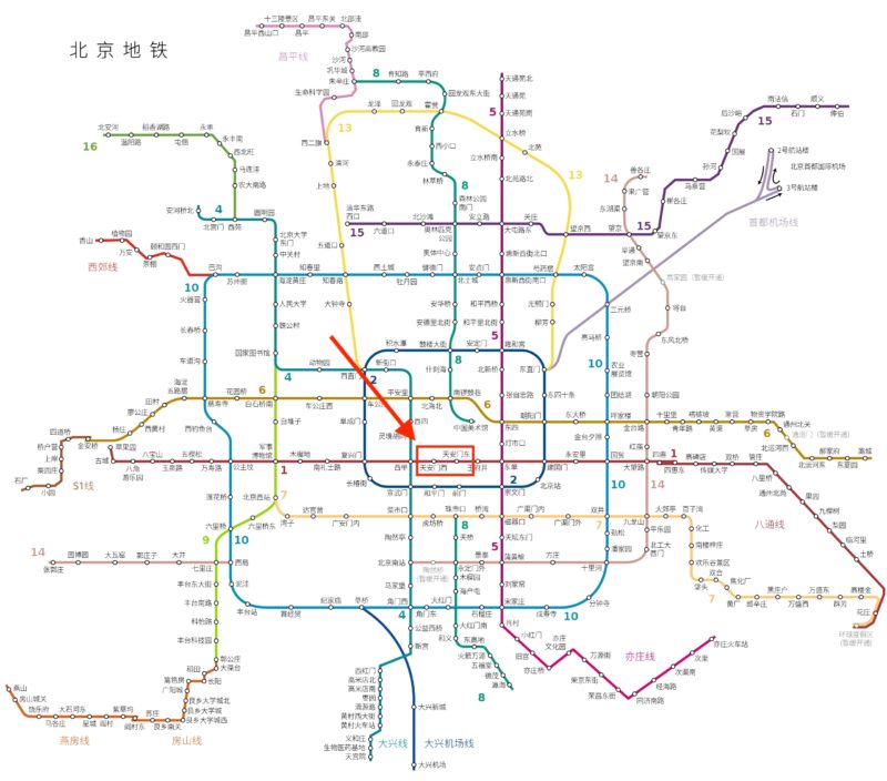北京の地下鉄の路線図（天安門広場と紫禁城）